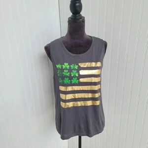 Stranded Womens Gray Gold Foil Green Shamrock American Flag Shirt Size L